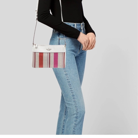 Kate Spade Leila Striped Canvas Triple
Gusset Crossbody White Pink red stripes - Picture 2 of 16